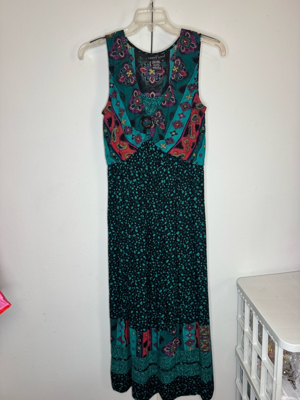 Teal Patterned Sleeveless Maxi Dress - Carole Little Vintage Wood Detail